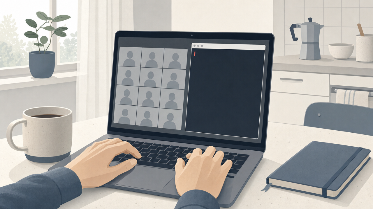 Een laptop op de keukentafel: de online meeting is net afgelopen, de handen hangen boven het toetsenbord.