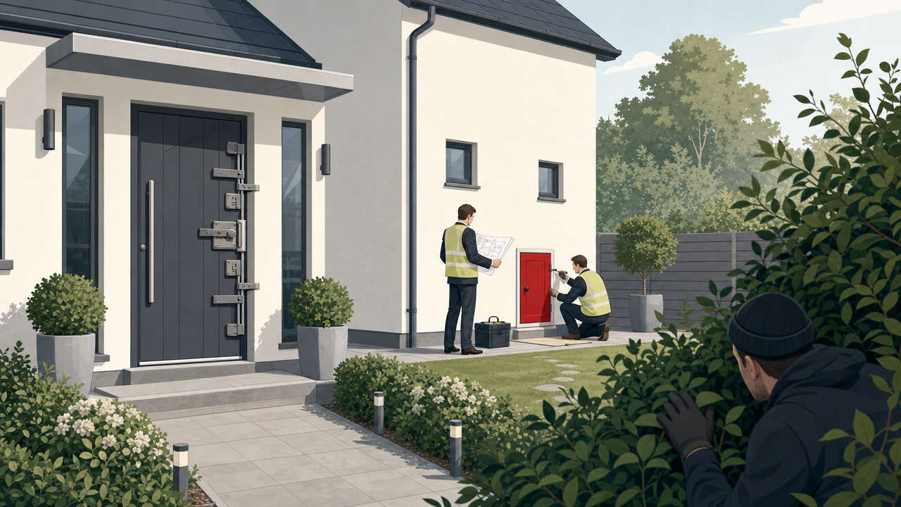 Achteraan een goed beveiligd huis bouwen ambtenaren een klein rood deurtje in, terwijl een inbreker vanuit de struiken toekijkt.