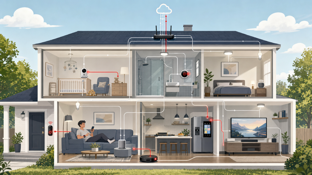 Huis en bewoner verbonden via allerlei IoT-apparaten, waarvan enkele besmet.