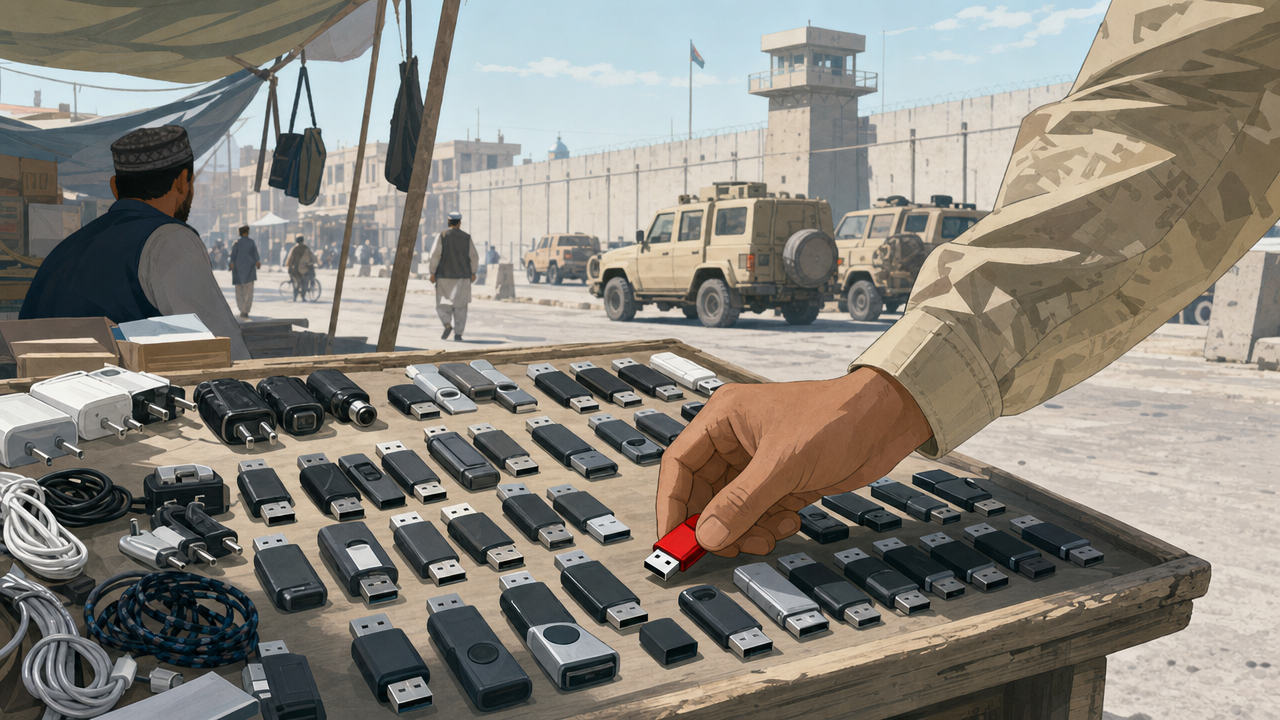 Een hand in legeruniform pakt een goedkope USB-stick van een marktkraam, met een militaire compound op de achtergrond.