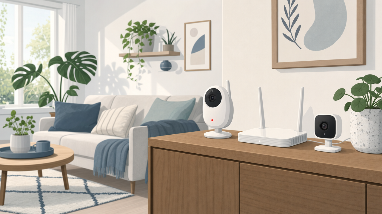 Een gezellige woonkamer met een babyfoon-camera, een router en een slimme camera. Op de babyfoon brandt een klein rood lampje.