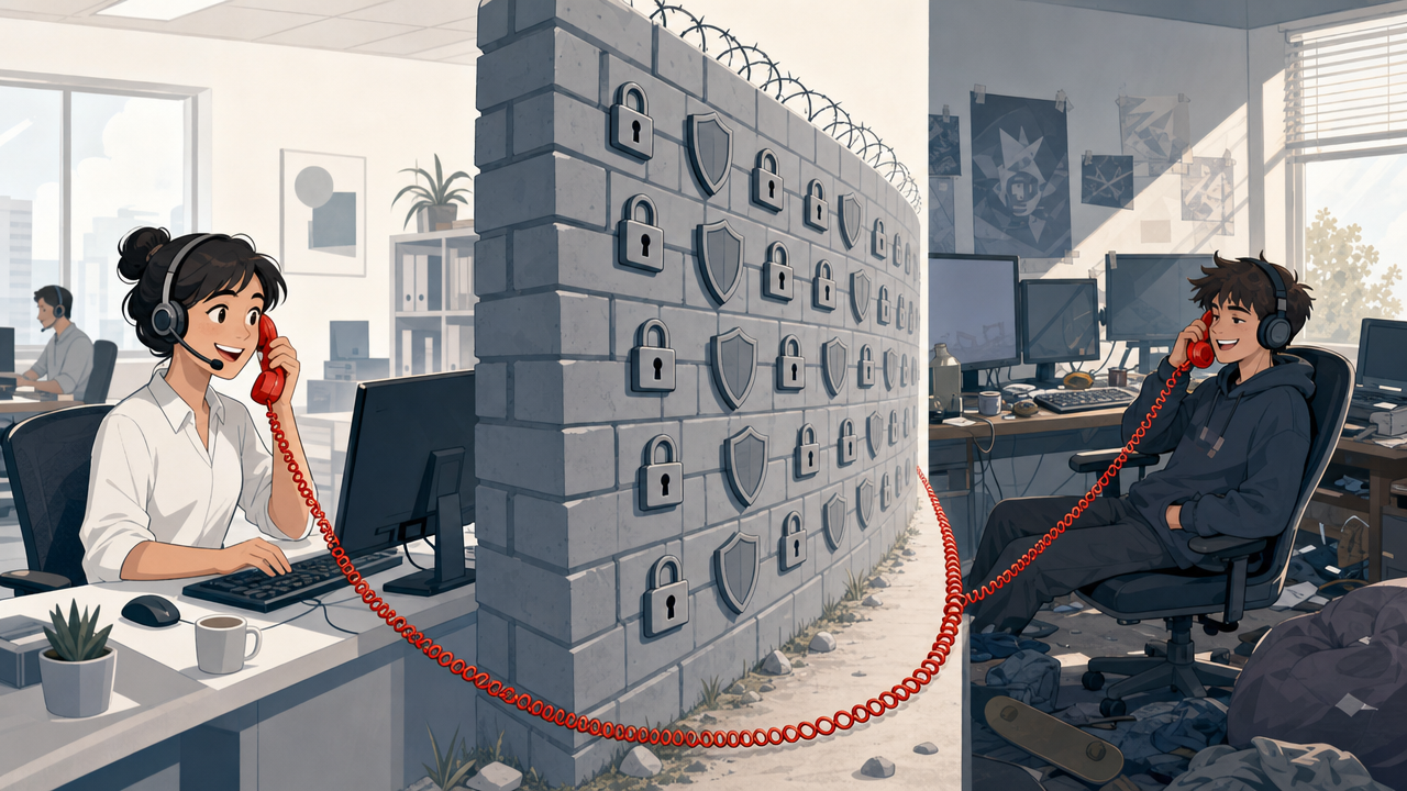 Een helpdesk-medewerker reset een wachtwoord voor een aanvaller, de firewall wordt gewoon omzeild.