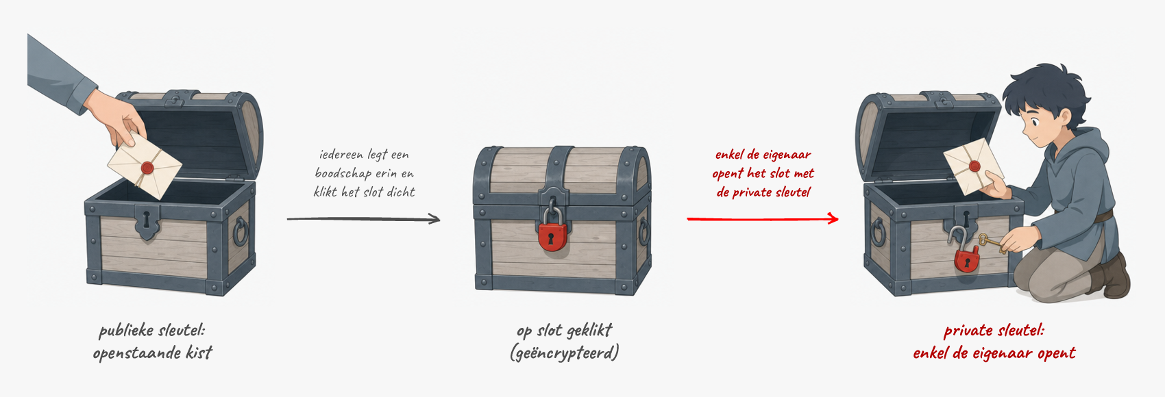 Een openstaande kist die iedereen kan dichtklikken, een kist op slot, en de eigenaar die de kist weer opent.