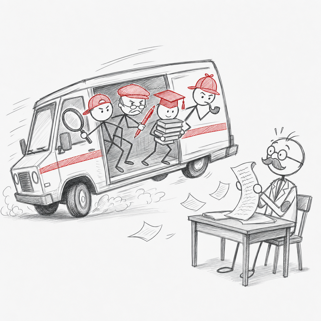 Tekening. Een busje met een rode streep rijdt met gierende banden weg. In de open deur staan vier figuren met rode petten: een met een vergrootglas, een strenge met een rode pen, een met een afstudeerhoed en een stapel boeken, en een met een pijp. Ernaast leest een lector aan een tafel een lange lijst.