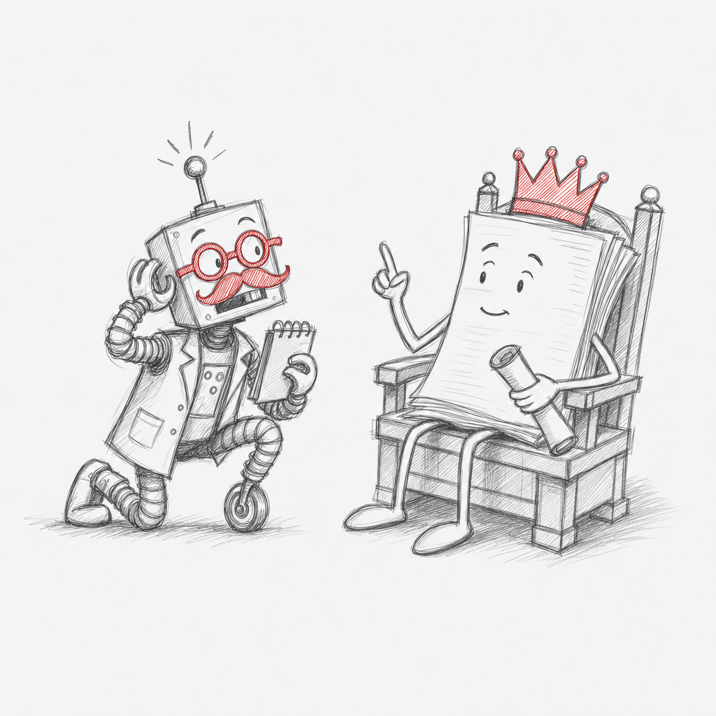 Tekening. Een robot met rode nepbril en snor knielt met een notitieboekje voor een document met een rode kroon, dat op een troon zit en uitleg geeft.