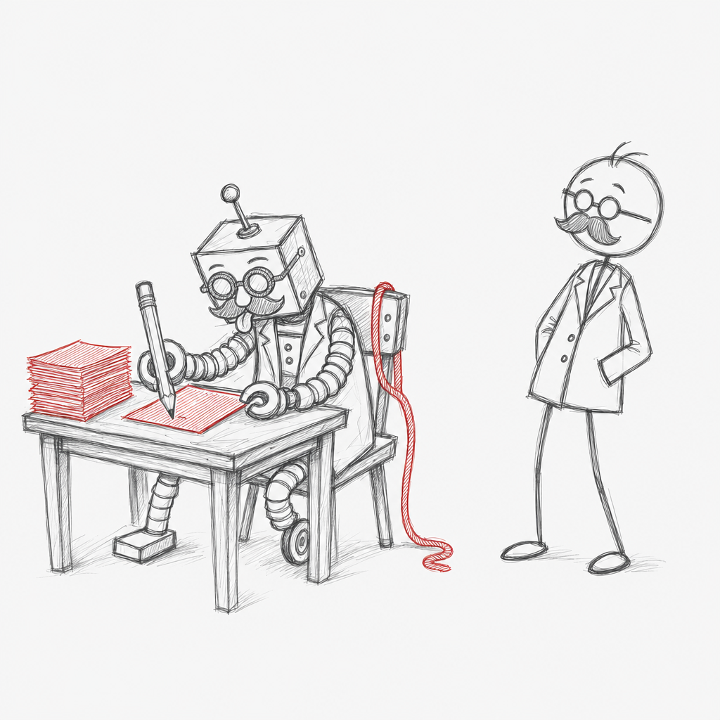 Tekening. Een robot met bril en snor zit aan een tafeltje en schrijft met een groot potlood op een rood blad, naast een stapel rode bladen. Een rood touw hangt over de rugleuning van zijn stoel. Een lector staat er ontspannen naast, met een hand in de zak.