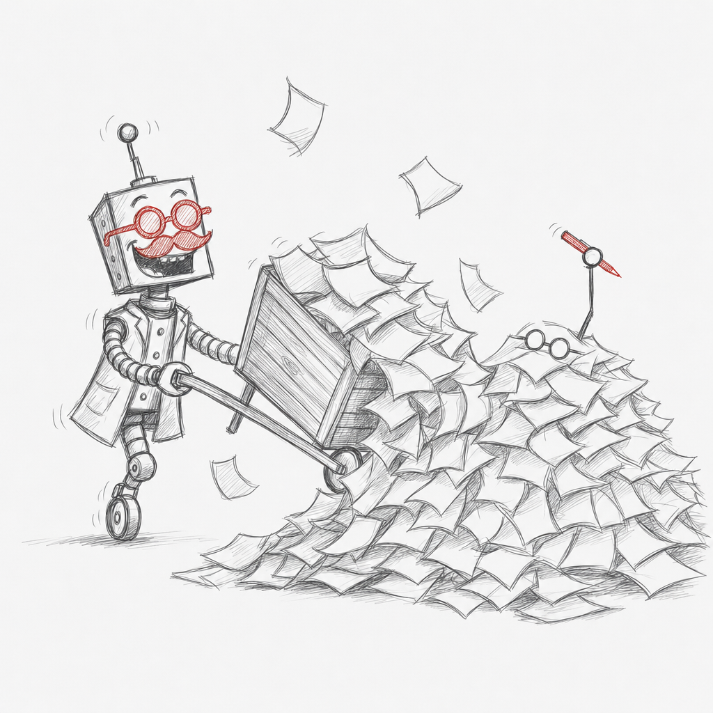 Tekening. Een vrolijk robotje kiept een kruiwagen papier uit over een lector. Van hem zijn enkel de bril en een arm met een rode pen nog te zien.