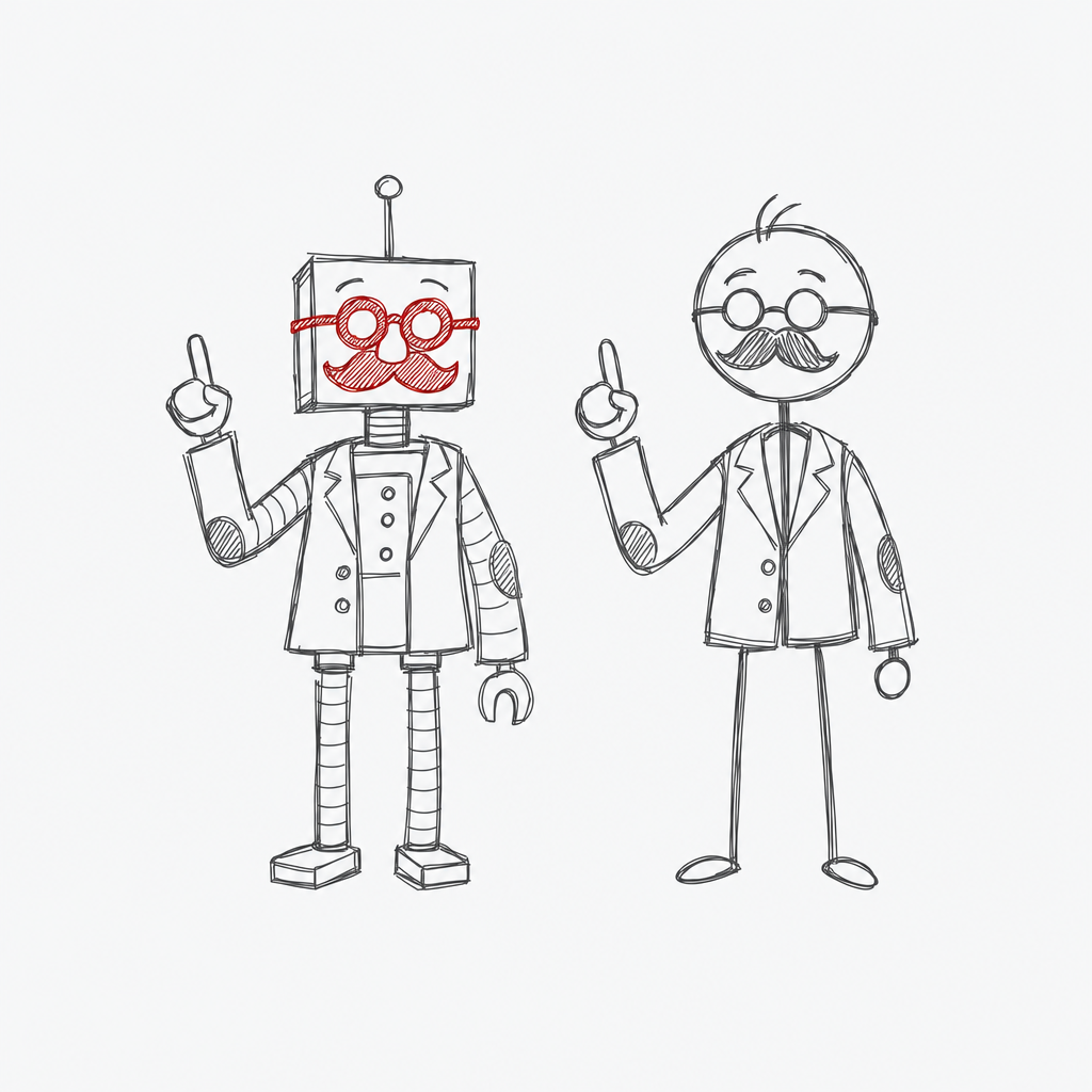 Tekening. Een robot met rode nepbril en snor staat naast een lector met een bril en een snor. Ze steken allebei dezelfde vinger op, in dezelfde houding.