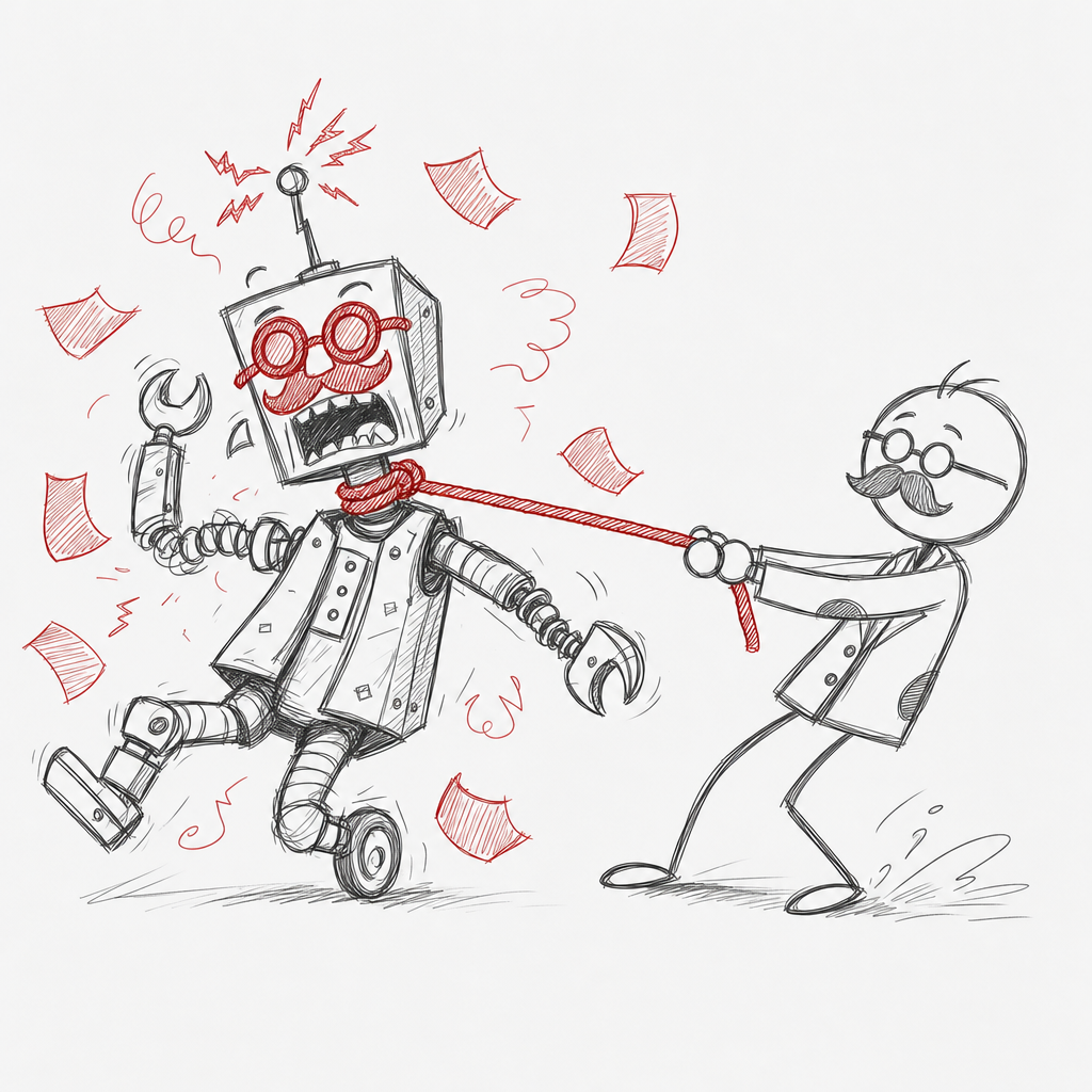Tekening. Een lector met een bril en een snor houdt een robot aan een rood touw. De robot met rode nepbril en snor spartelt tegen, tussen rondvliegende rode blaadjes.