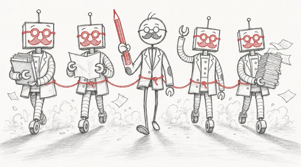 Tekening. Een lector met een rood potlood stapt mee in het midden van vier robotjes met een rode nepbril en snor. Een rood touw houdt ze samen. De robots dragen een map, een blad en een stapel papier.