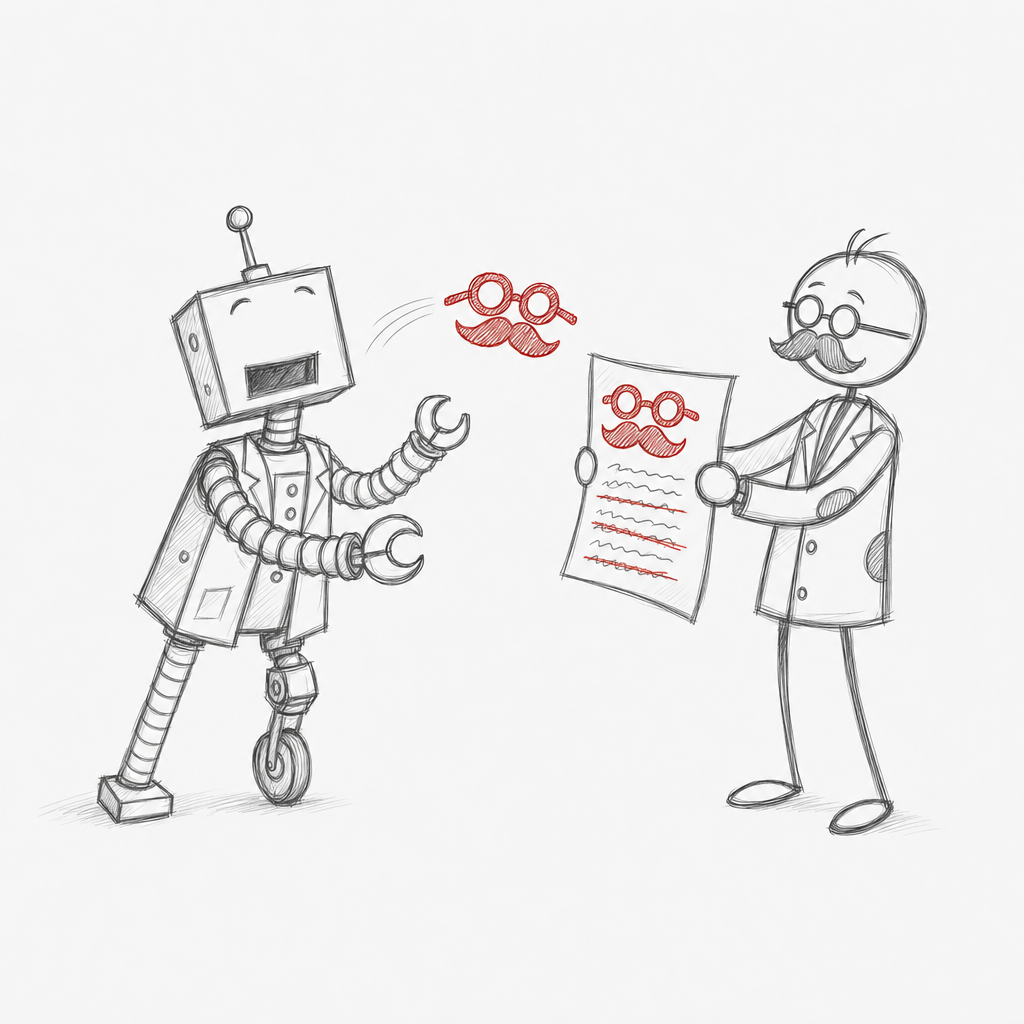 Tekening. Een lector houdt een blad omhoog met een rode bril en snor erop getekend, en een paar doorstreepte regels. Een rode nepbril met snor vliegt door de lucht naar een robot, die er blij zijn handen naar uitsteekt.