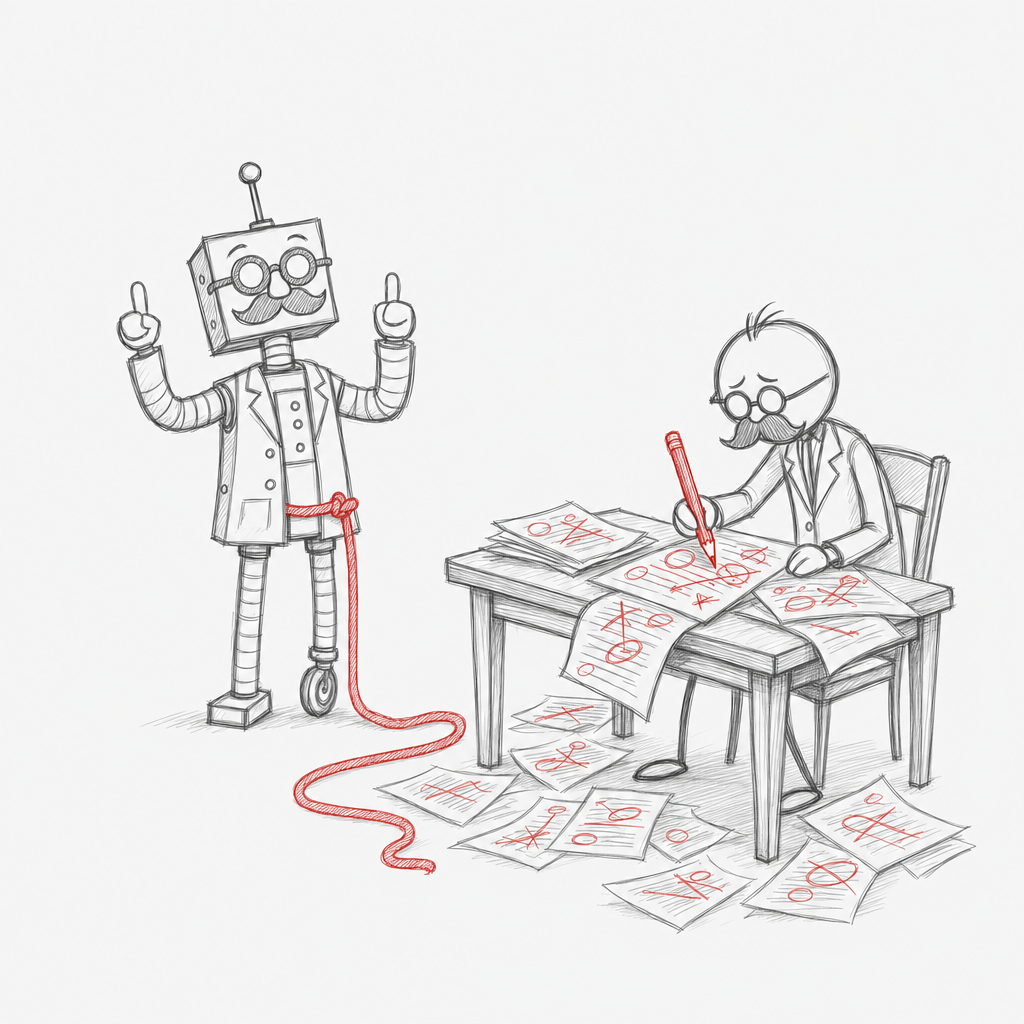 Tekening. Een robot met bril en snor steekt tevreden twee duimen op. Ernaast zit een lector aan een tafel vol bladen met rode cirkels en kruisen, en verbetert er nog een met een rood potlood. Een rood touw ligt tussen hen op de grond.