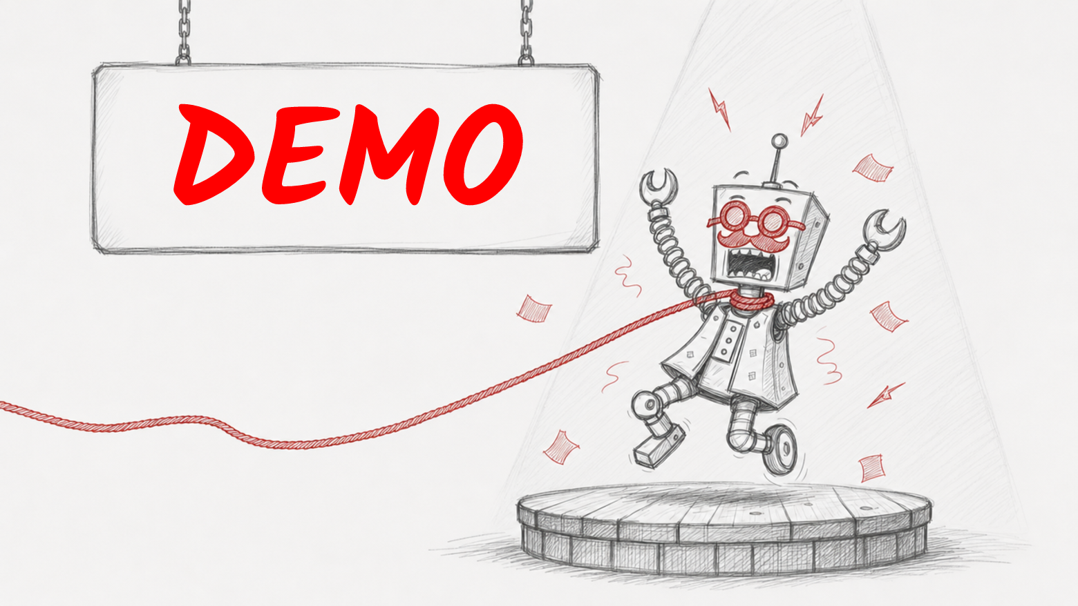 Het robotje springt op een podium onder een bord met DEMO, het rode touw loopt links het beeld uit.