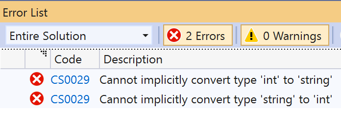 Foutboodschap wanneer je literals toekent van een verkeerd datatype.