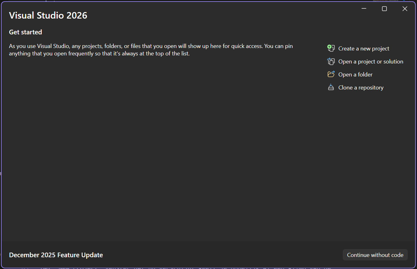 Het startscherm van Visual Studio.
