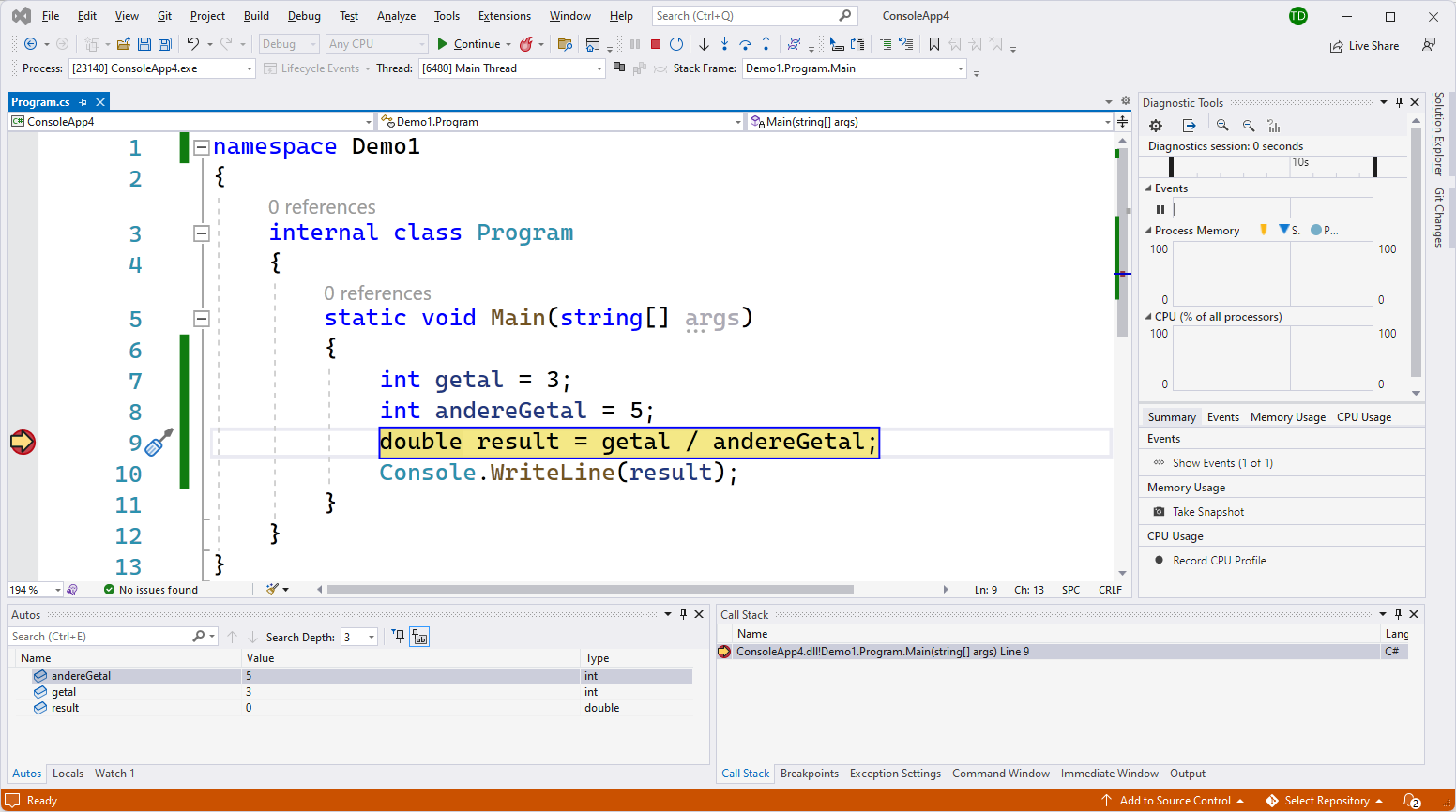 Als je niet alle debugknoppen ziet kan je deze ook aanroepen via het “Debug” in het menu bovenaan.