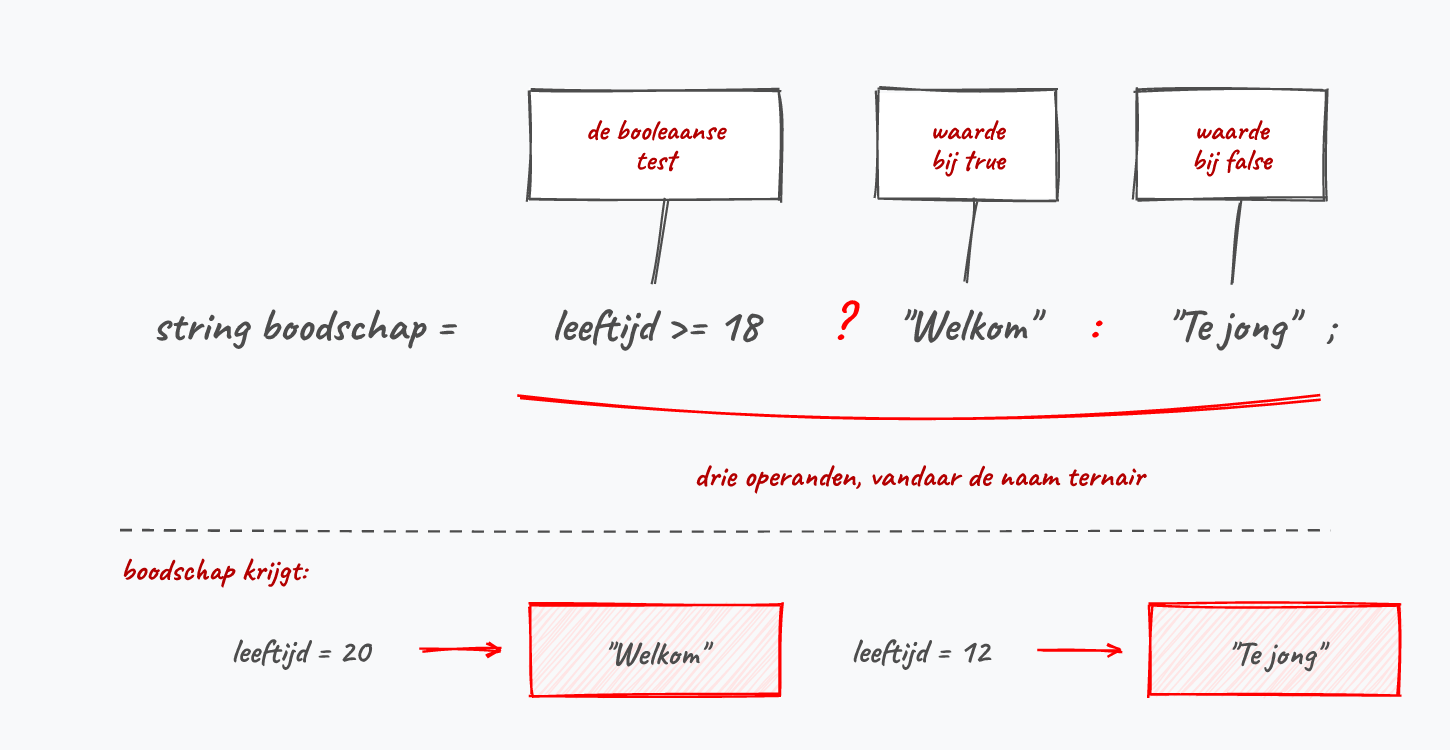 De drie operanden van de ternaire operator, en welke van de twee waarden in boodschap belandt.