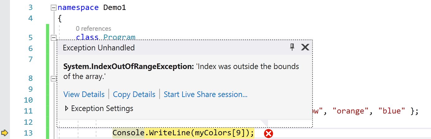 De foutmelding zoals ze in Visual Studio verschijnt.