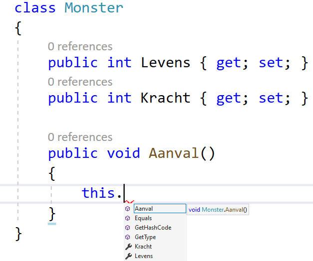 Met this zien we letterlijk alles dat de klasse heeft aan te bieden, ongeacht de access modifiers.