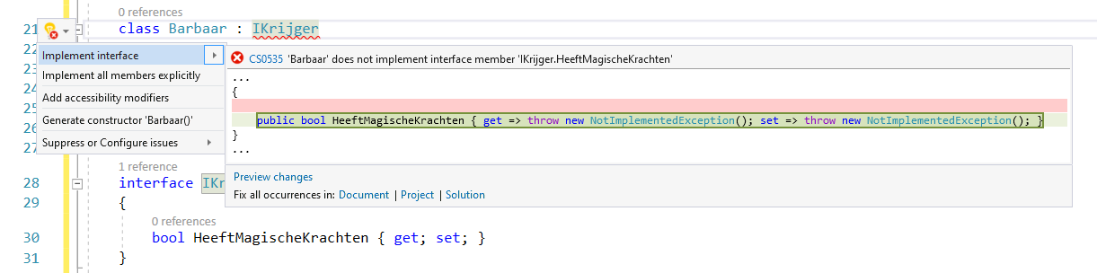 Als het lampje niet ogenblikkelijk verschijnt kan je ook altijd rechterklikken op het rood onderstreepte woord en kiezen voor “Quick Actions and Refactorings…”.