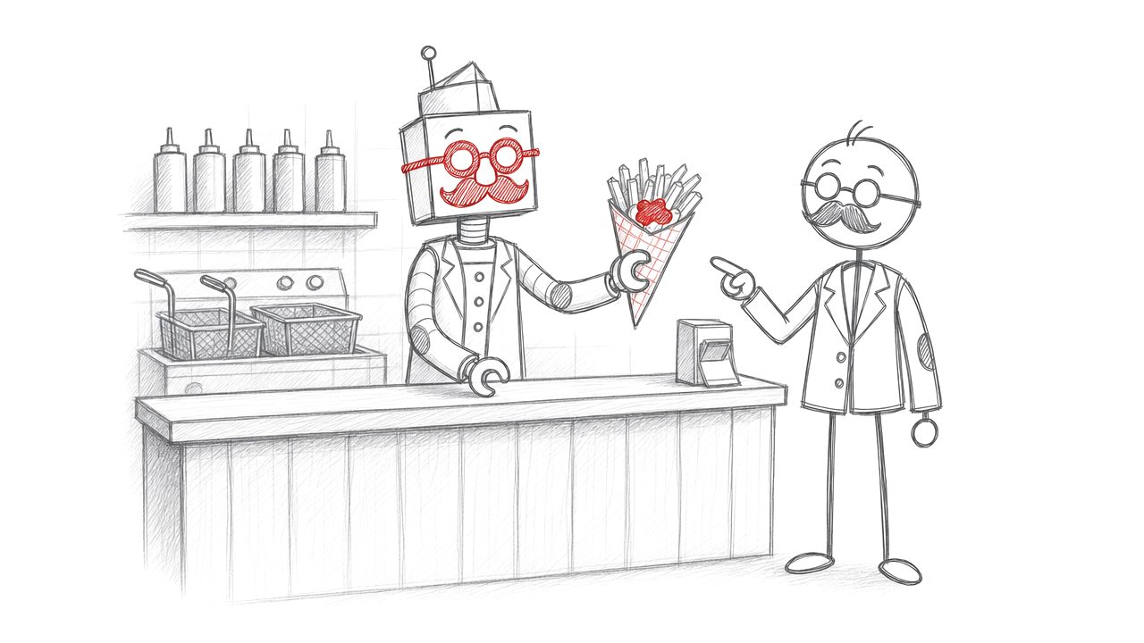 Potloodtekening: de robot geeft achter de toog van een frituur een puntzak frieten met saus aan het stokmannetje.