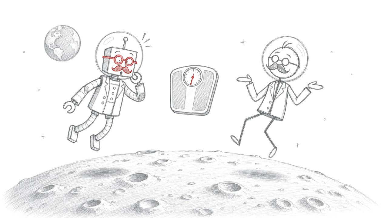 Potloodtekening: de robot en het stokmannetje zweven boven de maan, tussen hen in zweeft een weegschaal.