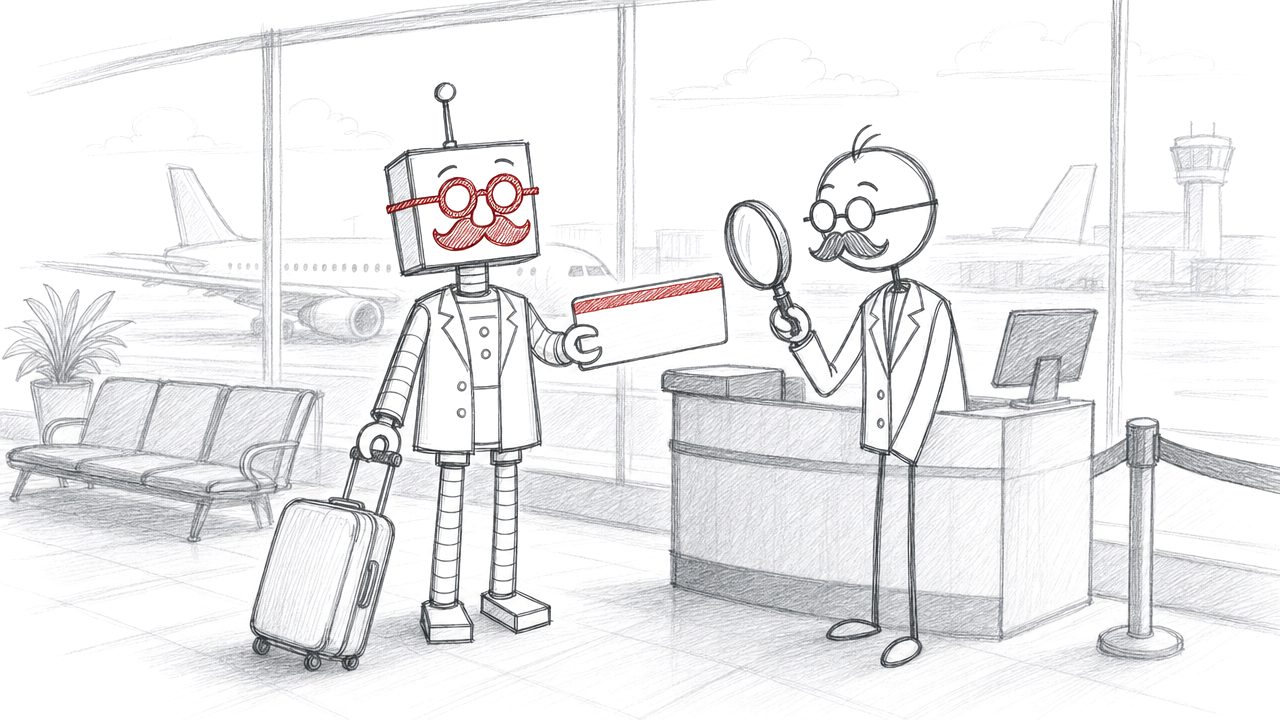 Potloodtekening: de robot toont aan de gate een groot ticket, het stokmannetje bekijkt het met een vergrootglas.