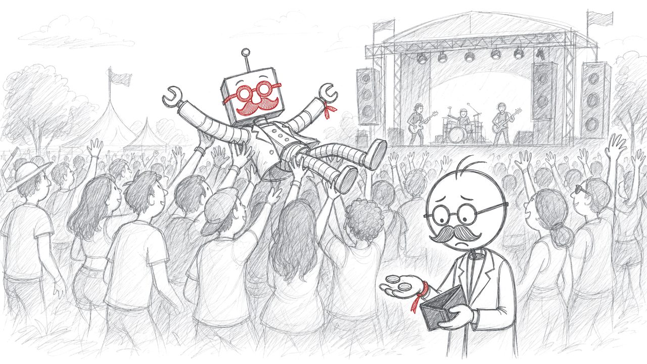 Potloodtekening: de robot crowdsurft op een festival, vooraan telt het stokmannetje bezorgd zijn laatste muntjes.
