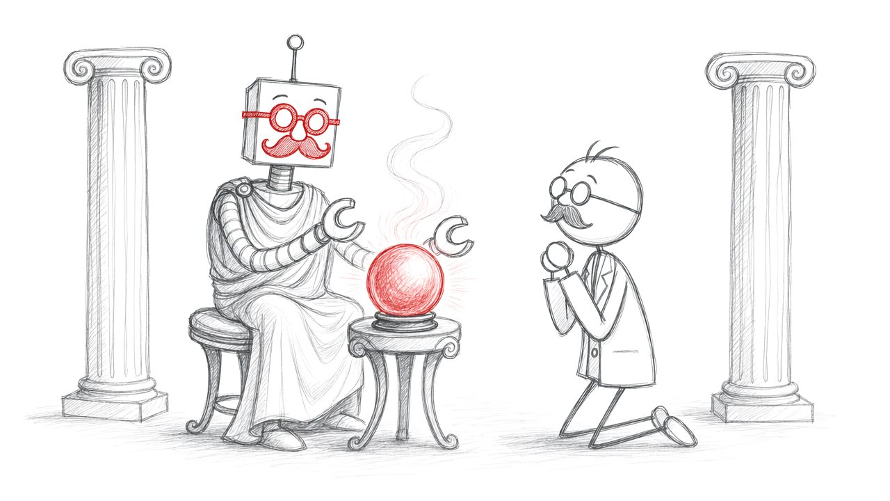 Potloodtekening: de robot als Grieks orakel met een kristallen bol, het stokmannetje wacht geknield op zijn voorspelling.