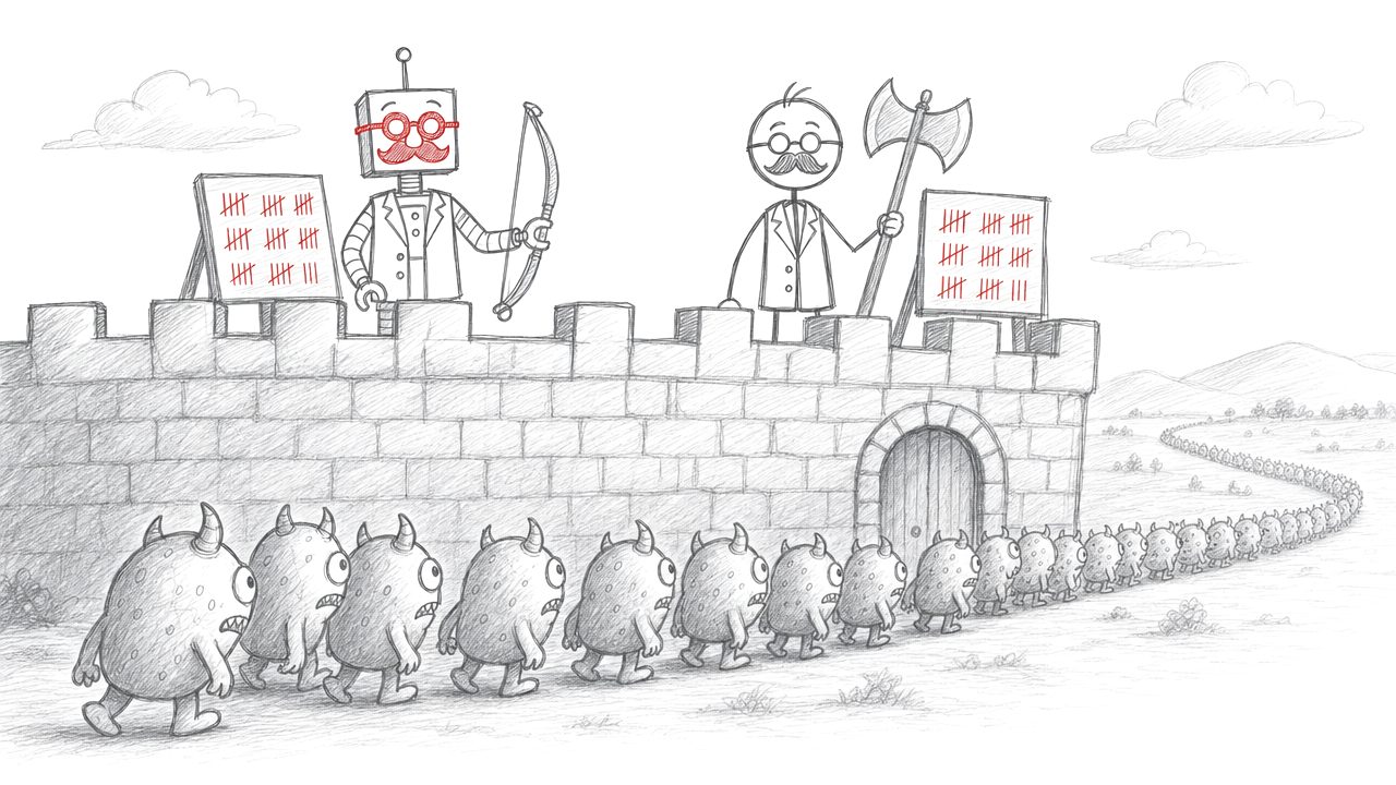 Potloodtekening: de robot en het stokmannetje staan op een kasteelmuur en turven, beneden komt een eindeloze rij monstertjes aan.