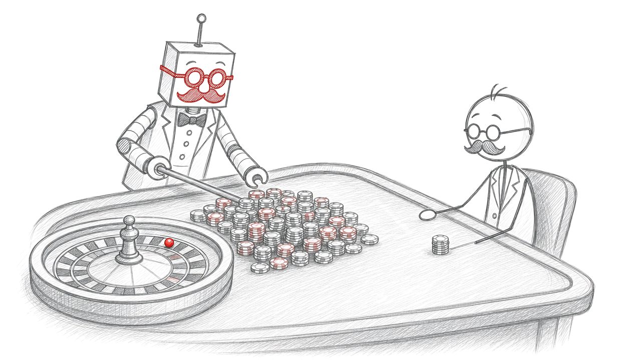 Potloodtekening: de robot als croupier harkt een grote berg fiches naar zich toe, het stokmannetje houdt één klein stapeltje over.