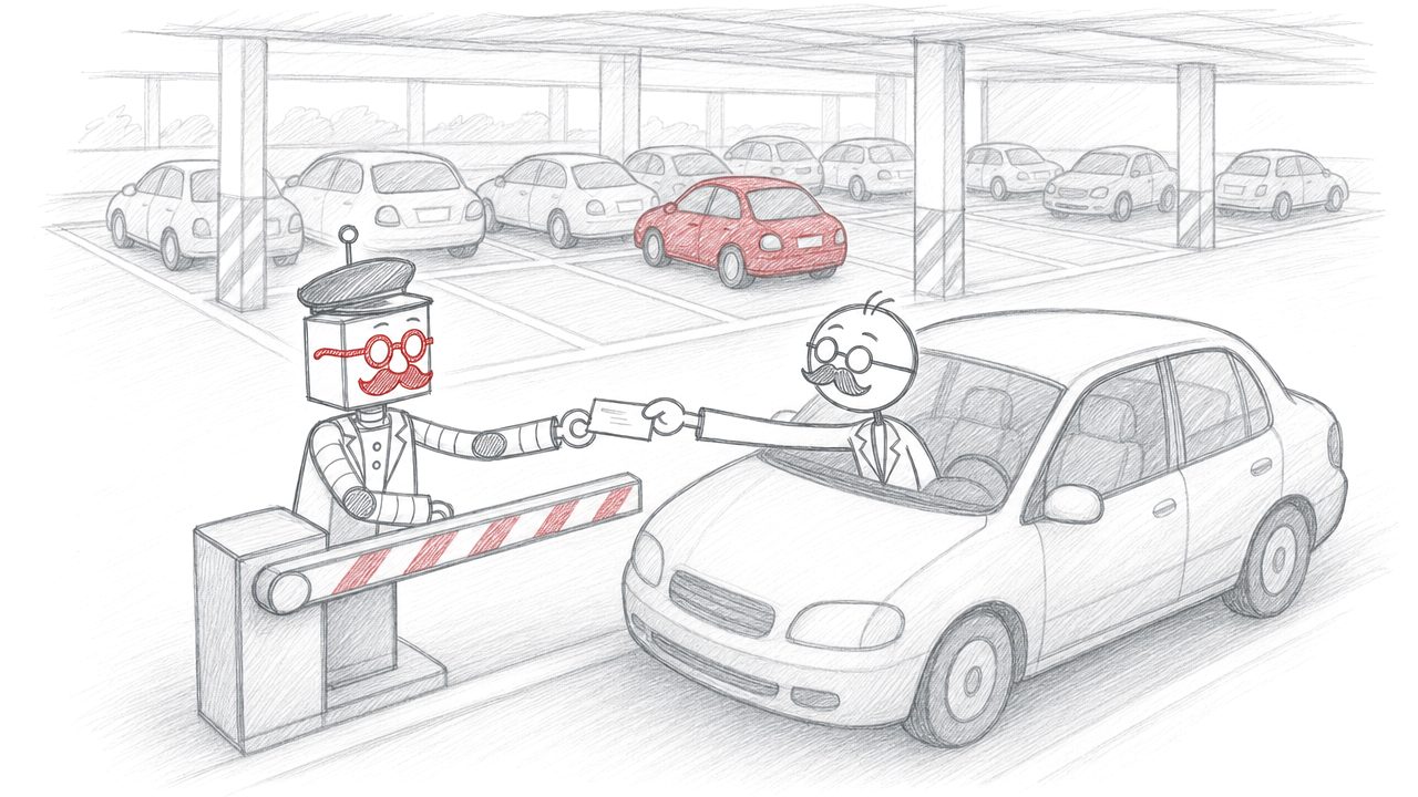 Potloodtekening: de robot als parkeerwachter geeft aan de slagboom een ticket aan het stokmannetje in zijn auto.