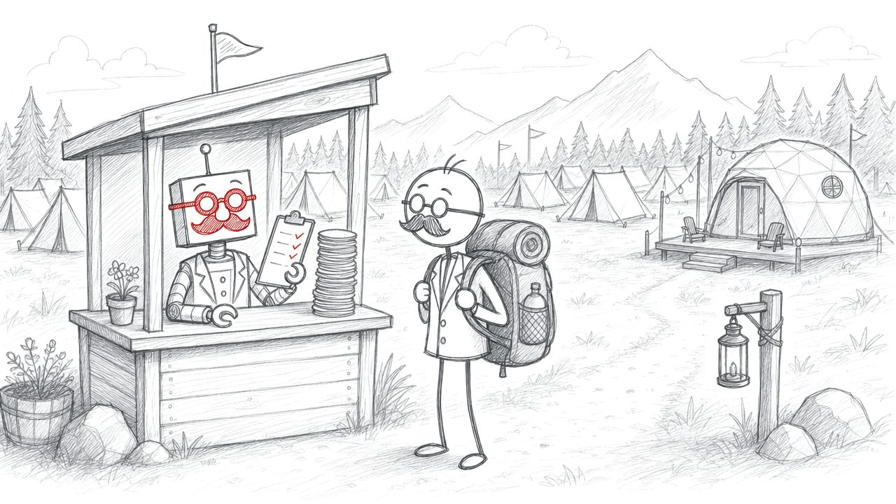 Potloodtekening: de robot zit aan de receptie van een camping met een stapel bierviltjes, het stokmannetje komt aan met een rugzak.
