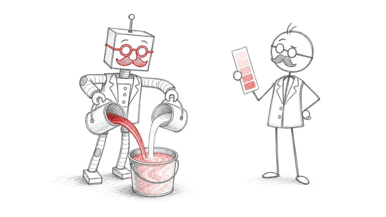 Potloodtekening: de robot giet rode en witte verf samen in een emmer, het stokmannetje vergelijkt met een kleurstaal.