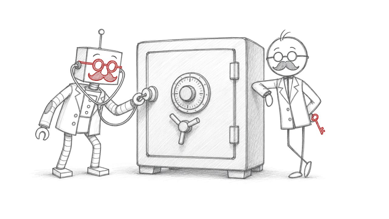 Potloodtekening: de robot probeert een kluis te kraken met een stethoscoop, het stokmannetje leunt ertegen met de sleutel.