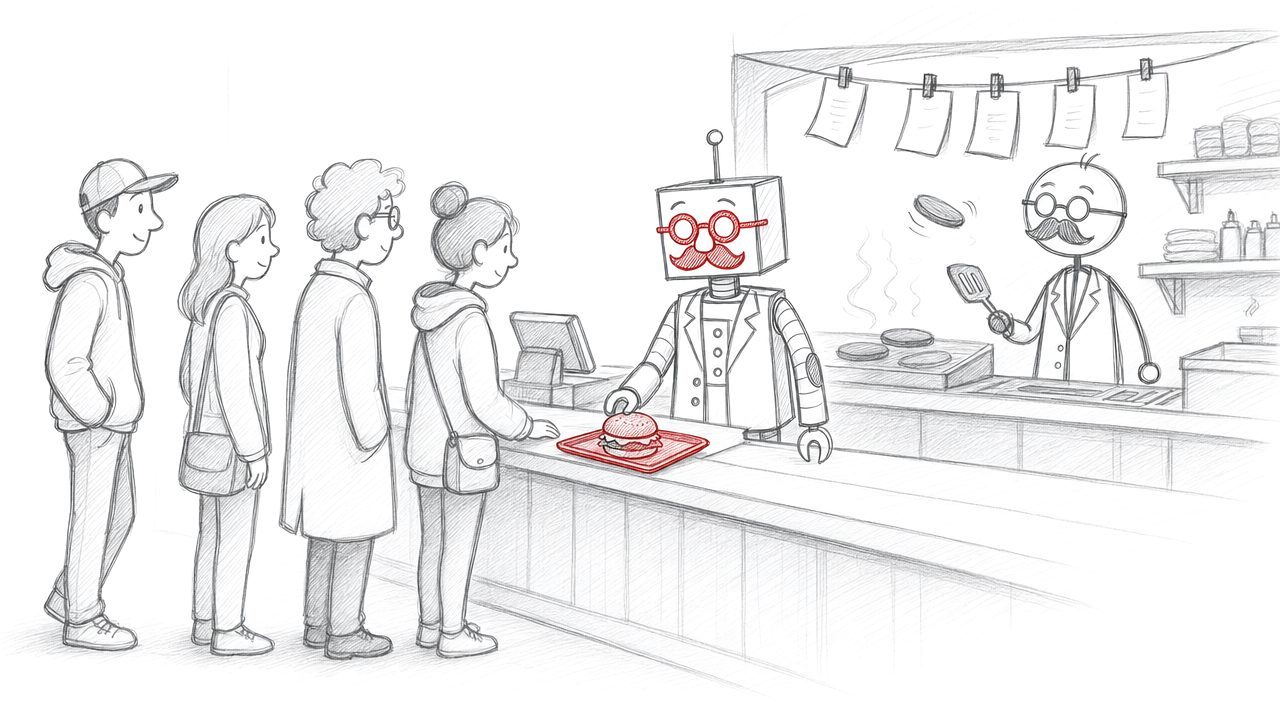 Potloodtekening: klanten staan in een rij aan de toog van een fastfoodzaak, de robot neemt de bestelling op en het stokmannetje bakt burgers.