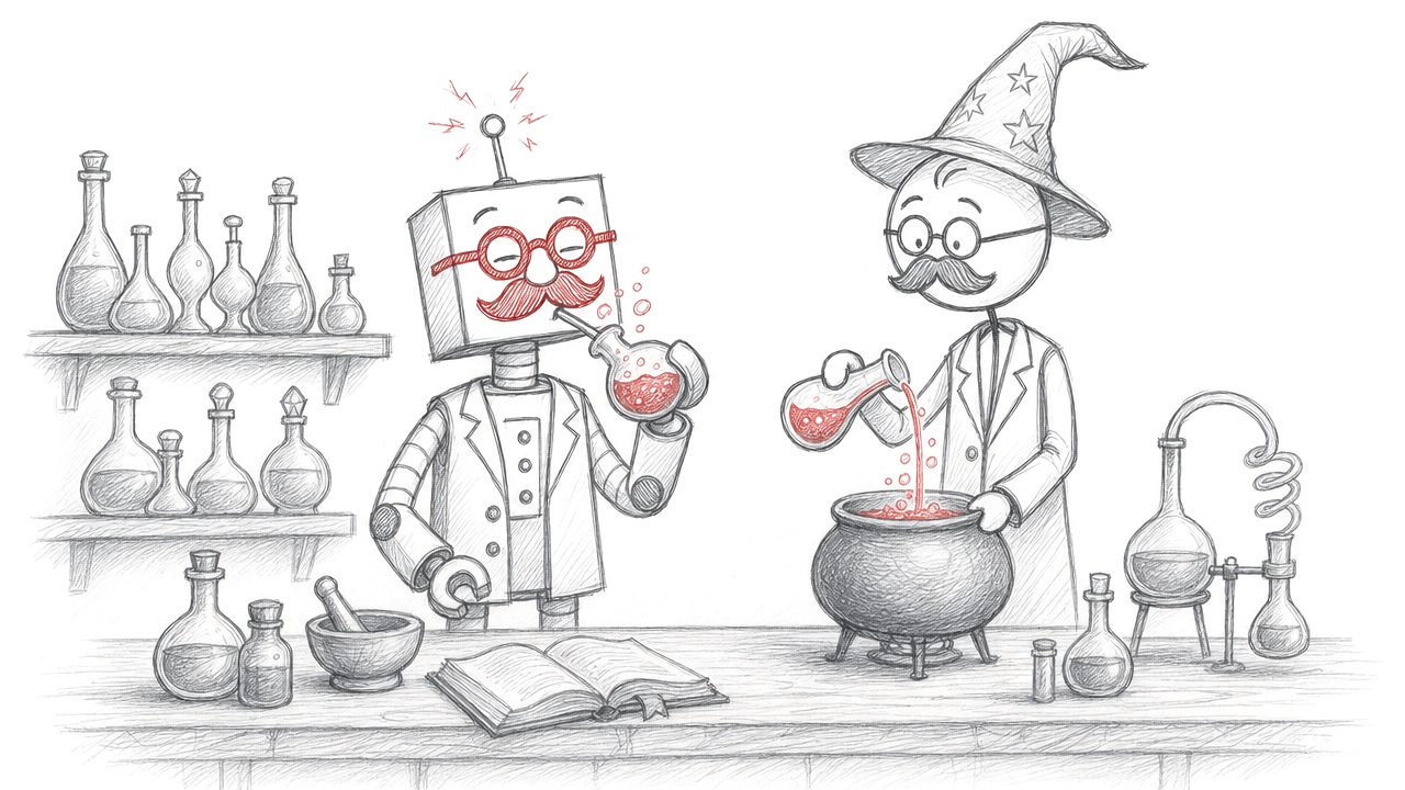 Potloodtekening: het stokmannetje met tovenaarshoed brouwt een drankje, de robot drinkt een rood elixir en er springen vonken uit zijn antenne.