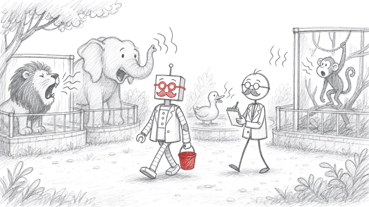 Potloodtekening: de robot als dierenverzorger wandelt langs een leeuw, een olifant, een eend en een aap die elk hun eigen geluid maken.