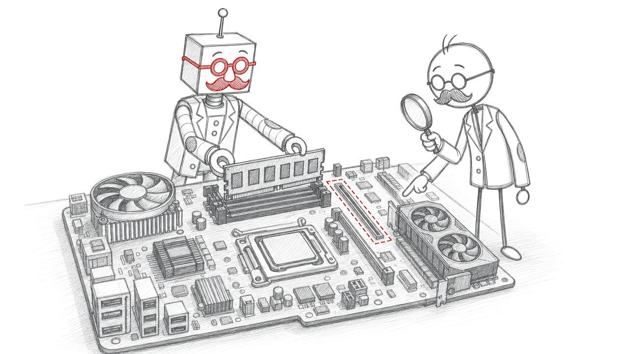 Potloodtekening: de robot steekt een RAM-latje in een moederbord, het stokmannetje wijst met een vergrootglas naar een lege sleuf.