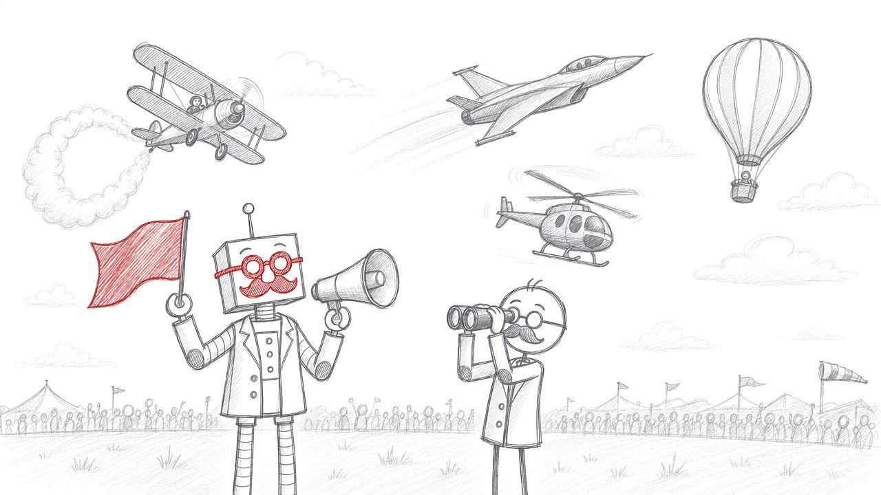 Potloodtekening: een dubbeldekker, een straaljager, een helikopter en een luchtballon vliegen elk op hun eigen manier, de robot kondigt aan met een megafoon.