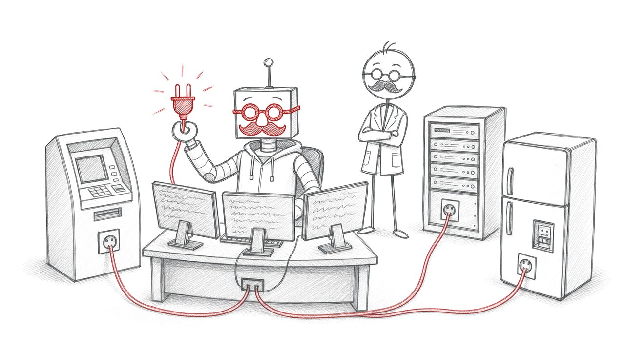 Potloodtekening: de robot in hoodie houdt één stekker omhoog die past op een bankautomaat, een server en een koelkast, het stokmannetje kijkt streng toe.