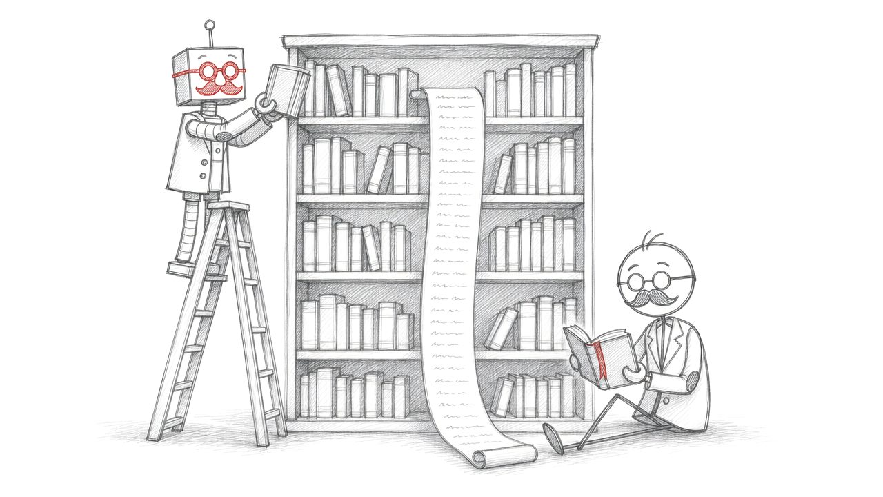Potloodtekening: de robot zet boeken in een kast terwijl er een lange papieren rol met tekst uit de kast rolt, het stokmannetje leest.