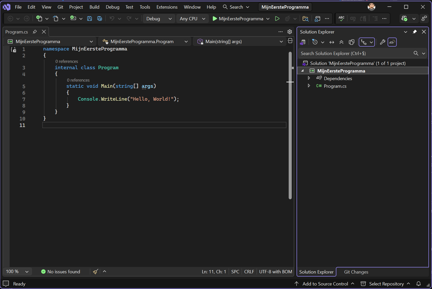 VS IDE overzicht maar nu zonder CoPilot.