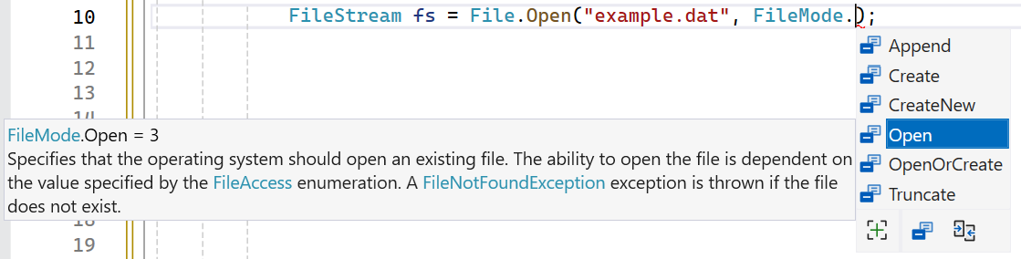 Dankzij IntelliSense hoef je gelukkig niet de 6 FileMode mogelijkheden uit het hoofd te leren.